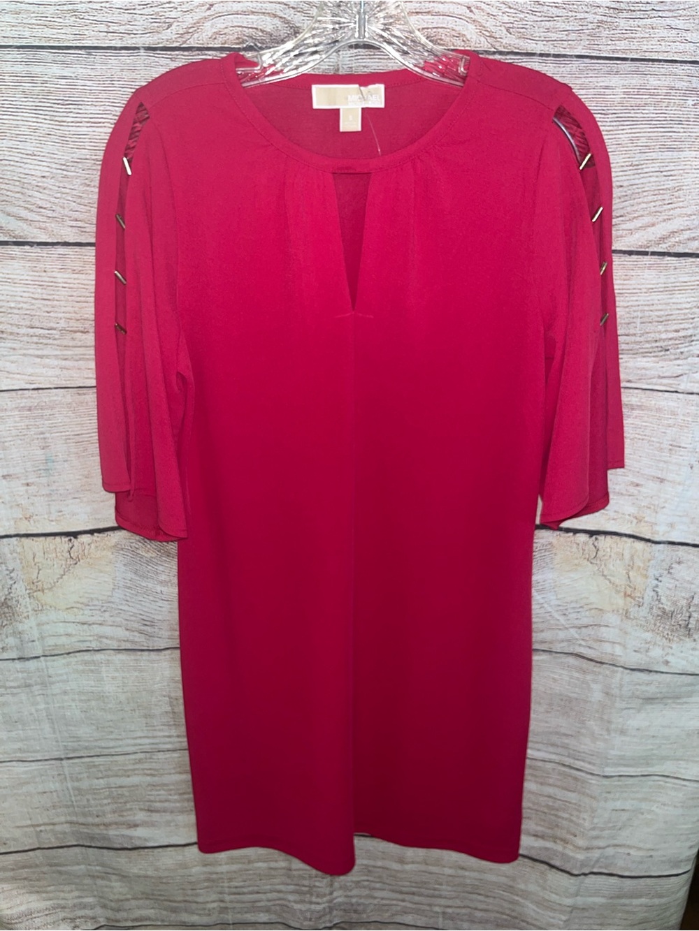 😍 Michael Kors Fuchsia Midi Dress Keyhole Neck & Ladder-Sleeve Detail size Small